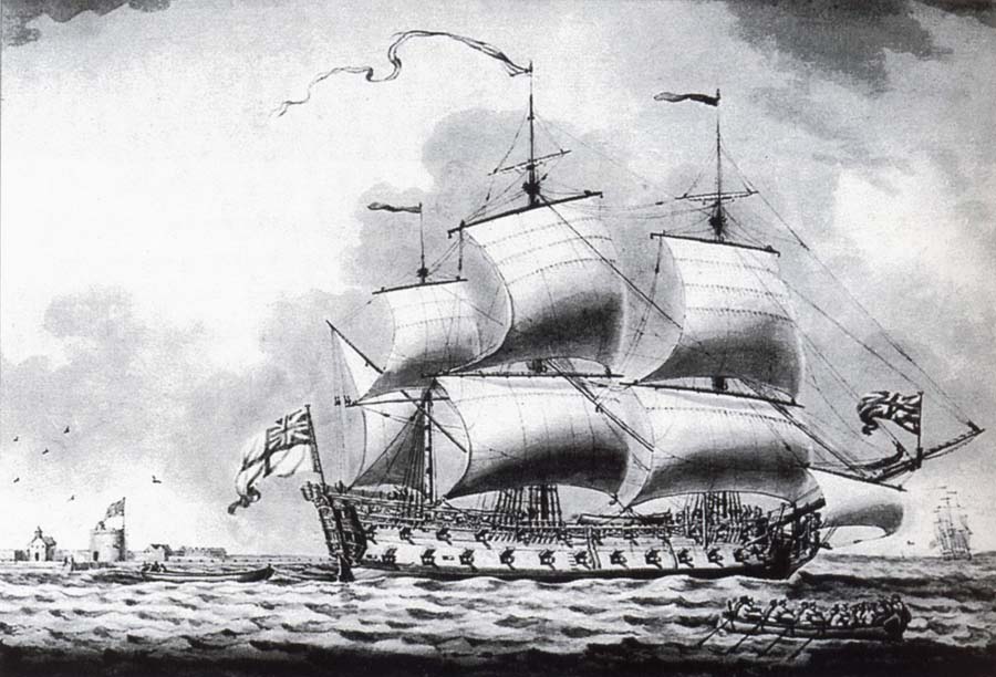A drawing of a British two-decker off Calshot Castle